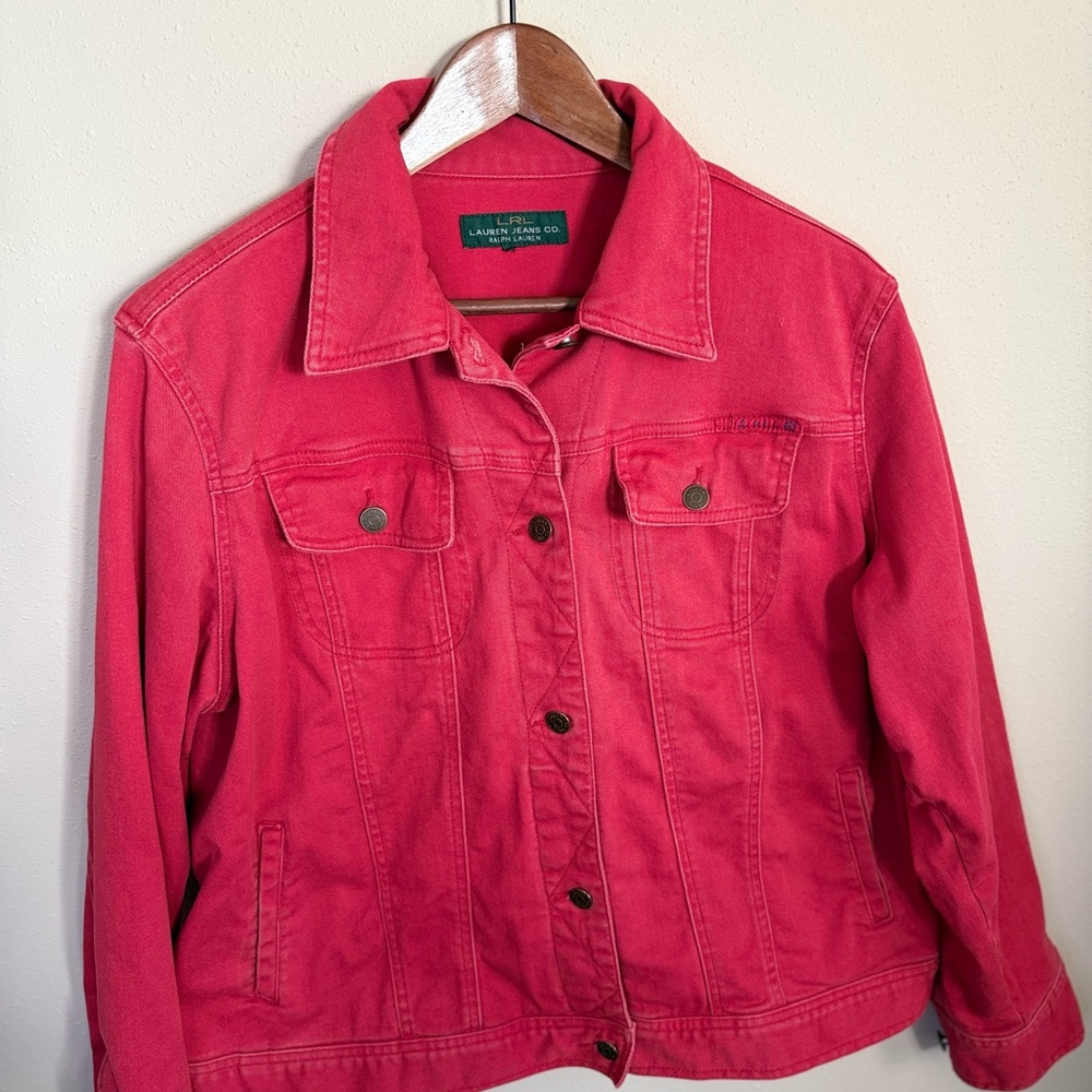 Ralph Lauren Red Denim Jacket Large Trucker Button Front Cotton Jean Jacket XL - Picture 3 of 11